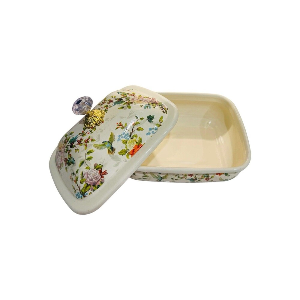 Vintage Floral & Bird Enamel Covered Butter Dish Crystal Knob Cottagecore 9”